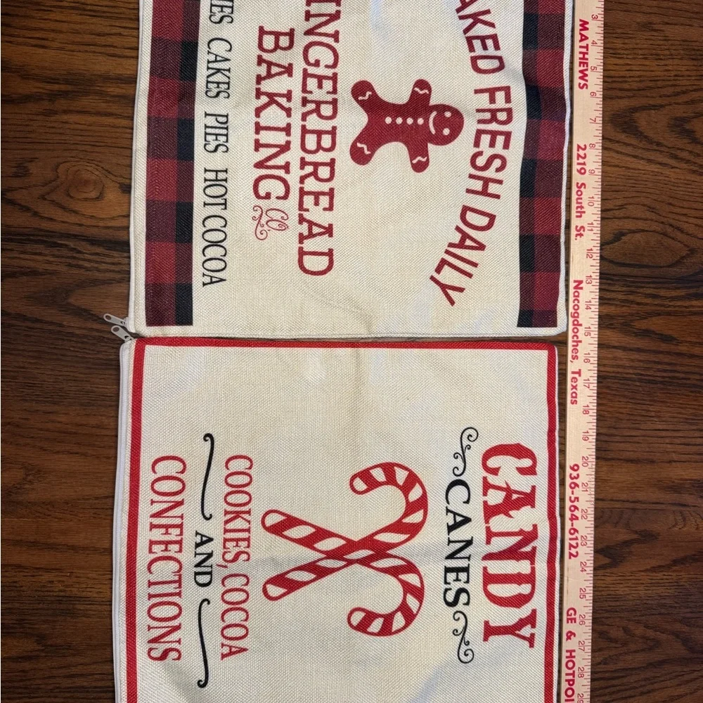 Set of 2 Christmas Pillow Covers Gingerbread Man Candy Cane Zip Polyester 16x16
